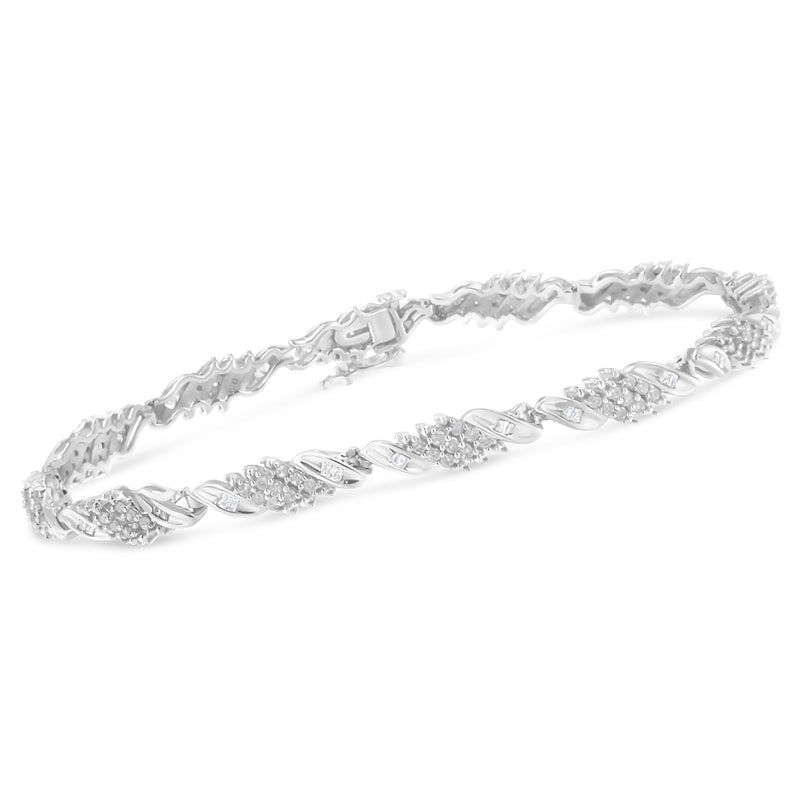 .925 Sterling Silver 1-1/2 Cttw Round and Baguette Cut Diamond Wave Link Bracelet (I-J Color, I2-I3 Clarity) - 7"