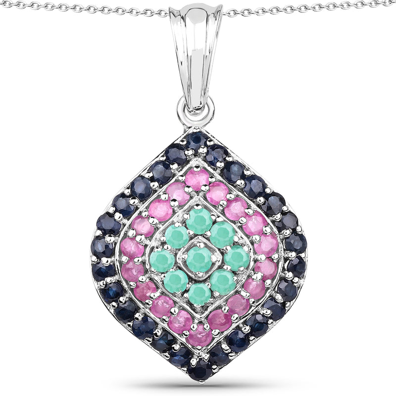 2.25 Carat Genuine Emerald, Ruby & Blue Sapphire .925 Sterling Silver Pendant