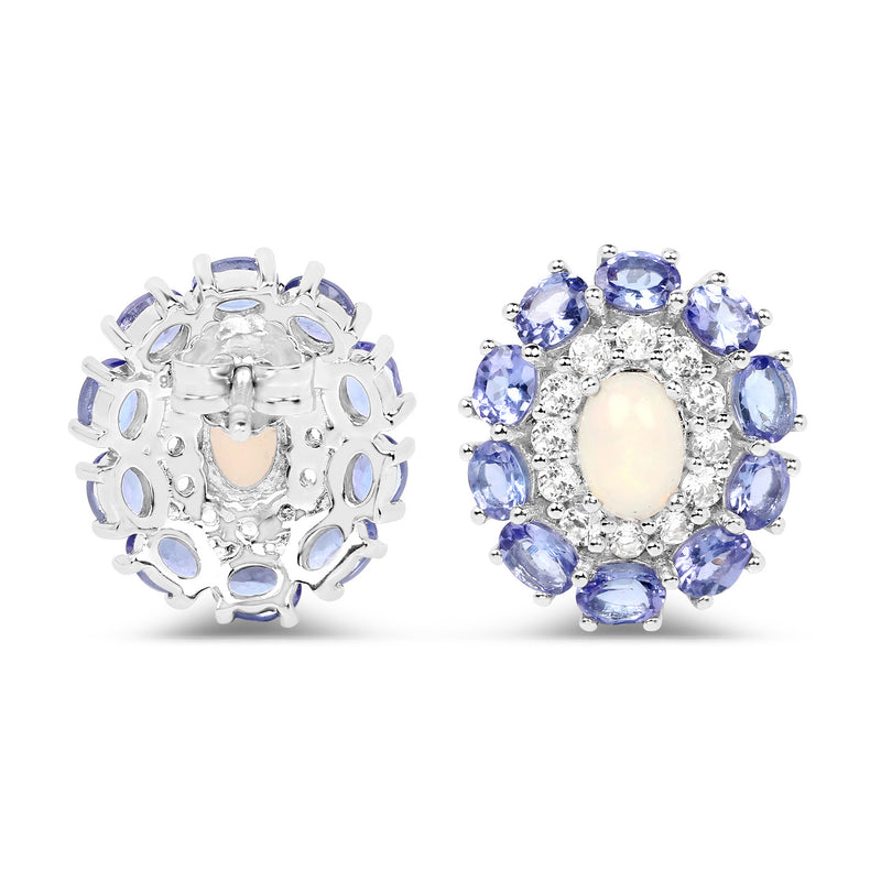 5.32 Carat Genuine Ethiopian Opal, Tanzanite and White Topaz .925 Sterling Silver Earrings