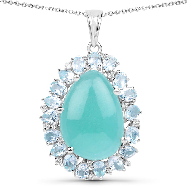 13.28 Carat Genuine Amazonite, Blue Topaz And White Topaz .925 Sterling Silver Pendant