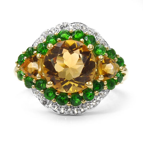 14K Yellow Gold Plated 4.13 Carat Genuine Golden Citrine, Chrome Diopside & White Topaz .925 Sterling Silver Ring