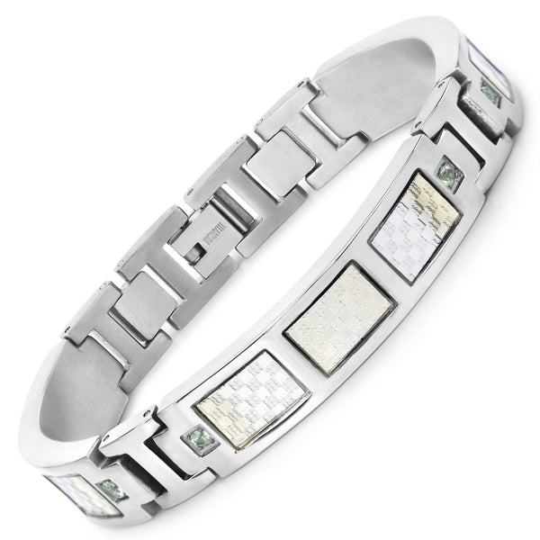 Mens Titanium Bracelet, Titanium Mens Bracelet with Silver Plated Steel Inlay, 0.48ctw. Natural Green Sapphire Rounds