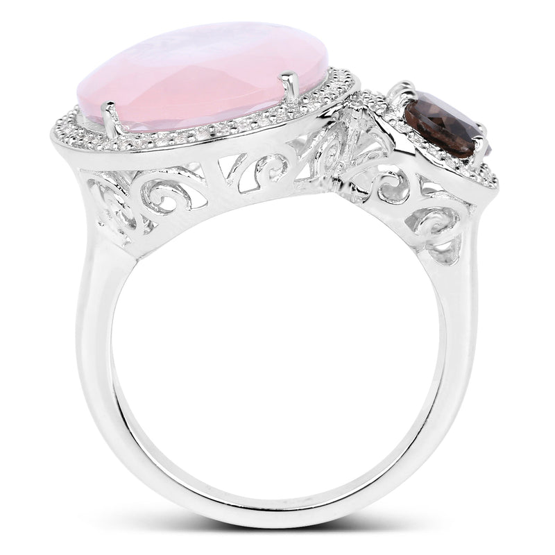 8.25 Carat Genuine Rose Quartz, Smoky Quartz And White Topaz .925 Sterling Silver Ring