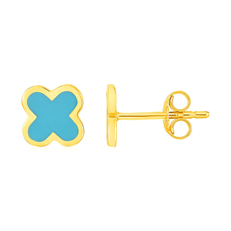 14k Yellow Gold and Enamel Blue Clover Stud Earrings