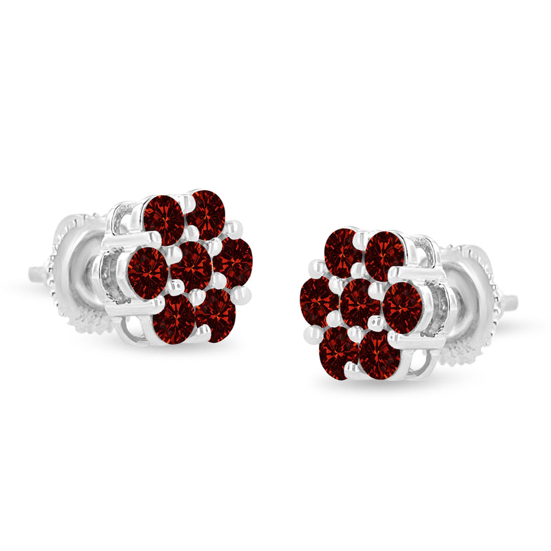 14K White Gold 1.0 Cttw Treated Red Diamond Prong Set 7 Stone Floral Stud Earrings (Treated Red Color, SI2-I1 Clarity)