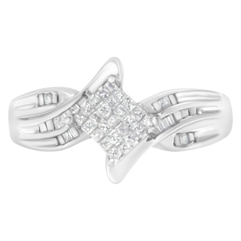 10K White Gold 1/3 Cttw Princess and Baguette Cut Diamond Bypass Style Cocktail Ring (I-J Color, I1-I2 Clarity) - Size 4
