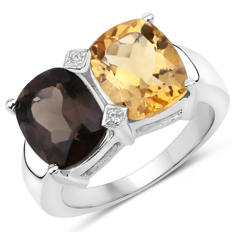 5.01 Carat Genuine Smoky Quartz, Citrine and White Sapphire .925 Sterling Silver Ring