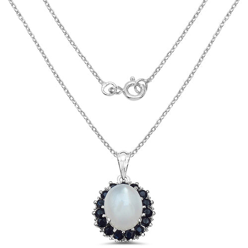 6.69 Carat Genuine White Moonstone, Blue Sapphire & White Diamond .925 Sterling Silver Pendant