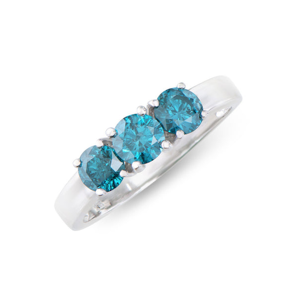 1.26 CTS TW CERTIFIED DIAMONDS 14K WHITE GOLD DESIGNER 3 STONE RING SIZE 7.5 WITH LONDON  BLUE COLOR DIAMONDS