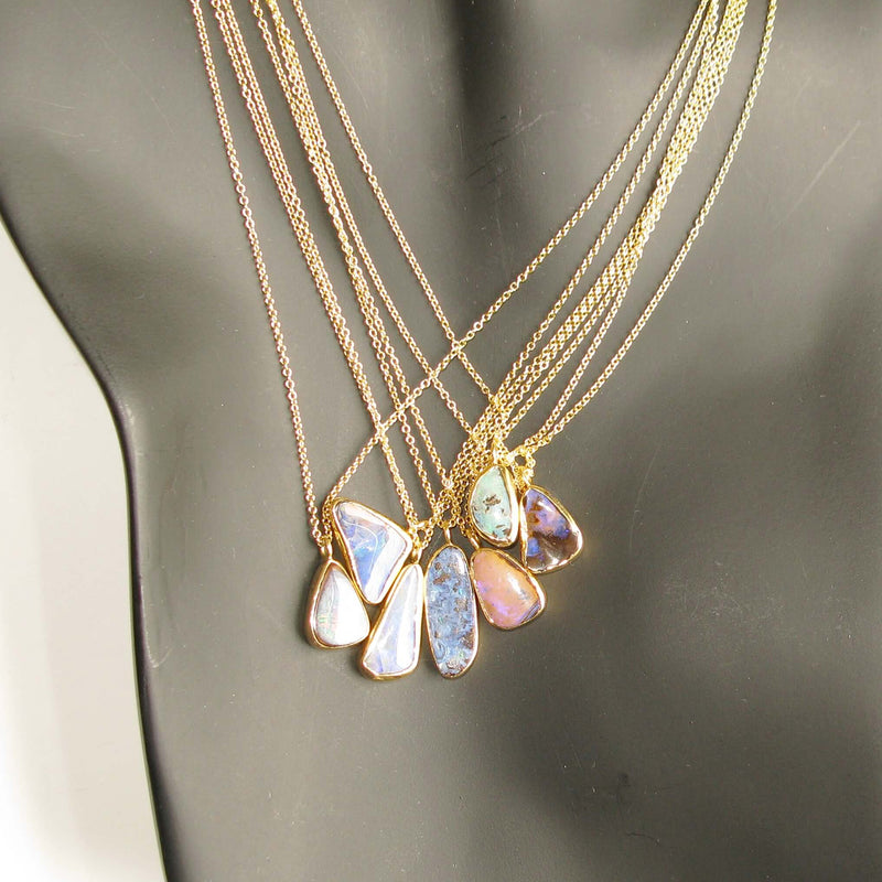 Natural Opal Chain Necklace 18k Yellow Gold Handmade Jewelry