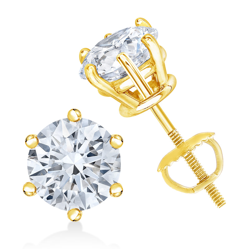 AGS Certified 2.00 Cttw Round Brilliant-Cut Near Colorless Diamond 14K Yellow Gold 6-Prong-Set Solitaire Stud Earrings with Screw Backs (F-G Color, I1-I2 Clarity)