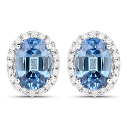 2.16 Carat Genuine Blue Sapphire and White Diamond 14K White Gold Earrings