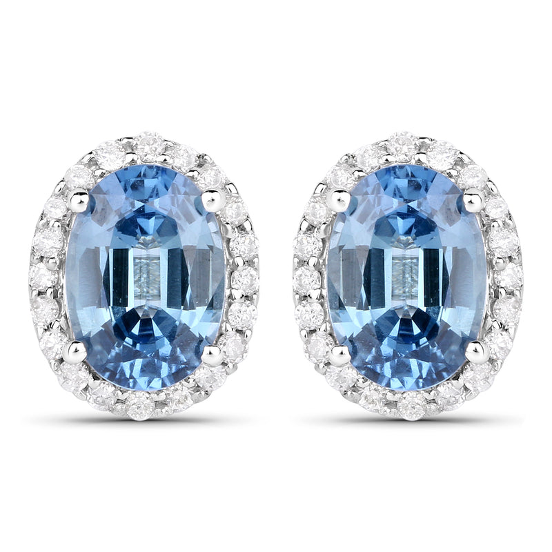 2.16 Carat Genuine Blue Sapphire and White Diamond 14K White Gold Earrings