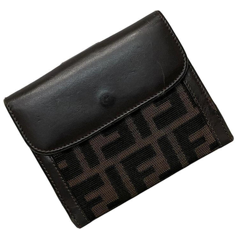 Fendi W Bi-Fold Wallet Dark Brown Khaki Zucca Double Leather Canvas FENDI Fold FF Ladies