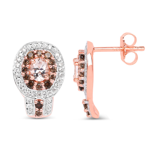 18K Rose Gold Plated 1.36 Carat Genuine Morganite, Smoky Quartz and White Zircon .925 Sterling Silver Earrings