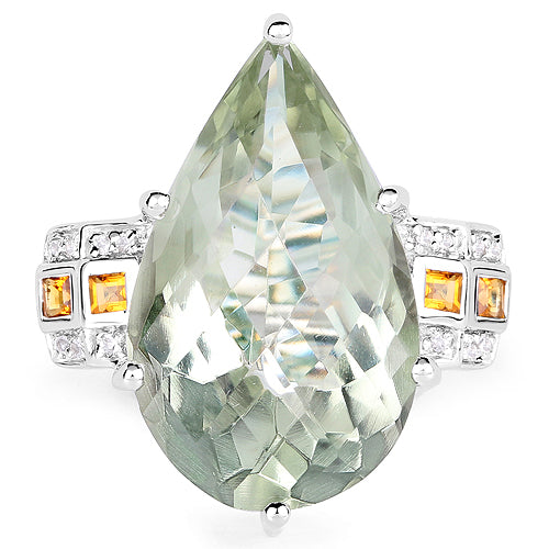 19.99 Carat Genuine Green Amethyst, Golden Citrine & White Topaz .925 Sterling Silver Ring