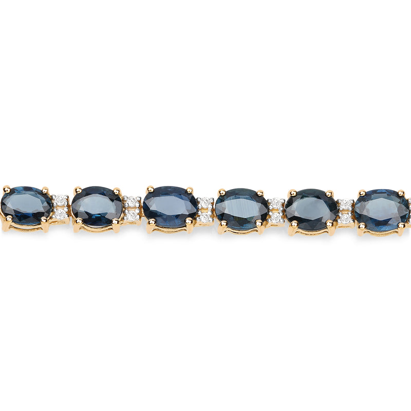 12.97 Carat Genuine Blue Sapphire and White Diamond 14K Yellow Gold Bracelet