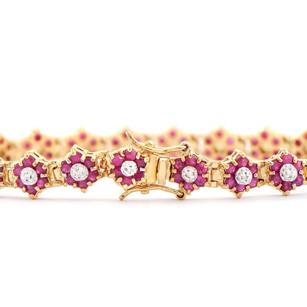 6.71 TW CTS RUBY & DIAMONDS 18K GOLD PLATED DESIGNER FLOWER BRACELET SIZE 7.2 INCHES