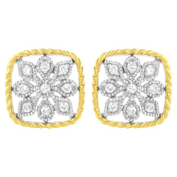 10K Yellow Gold Plated .925 Sterling Silver 1/4 cttw Diamond "Flower in a Box" Stud Earrings (I-J Color, I2-I3 Clarity)