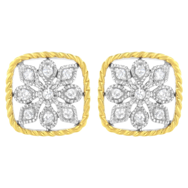 10K Yellow Gold Plated .925 Sterling Silver 1/4 cttw Diamond "Flower in a Box" Stud Earrings (I-J Color, I2-I3 Clarity)