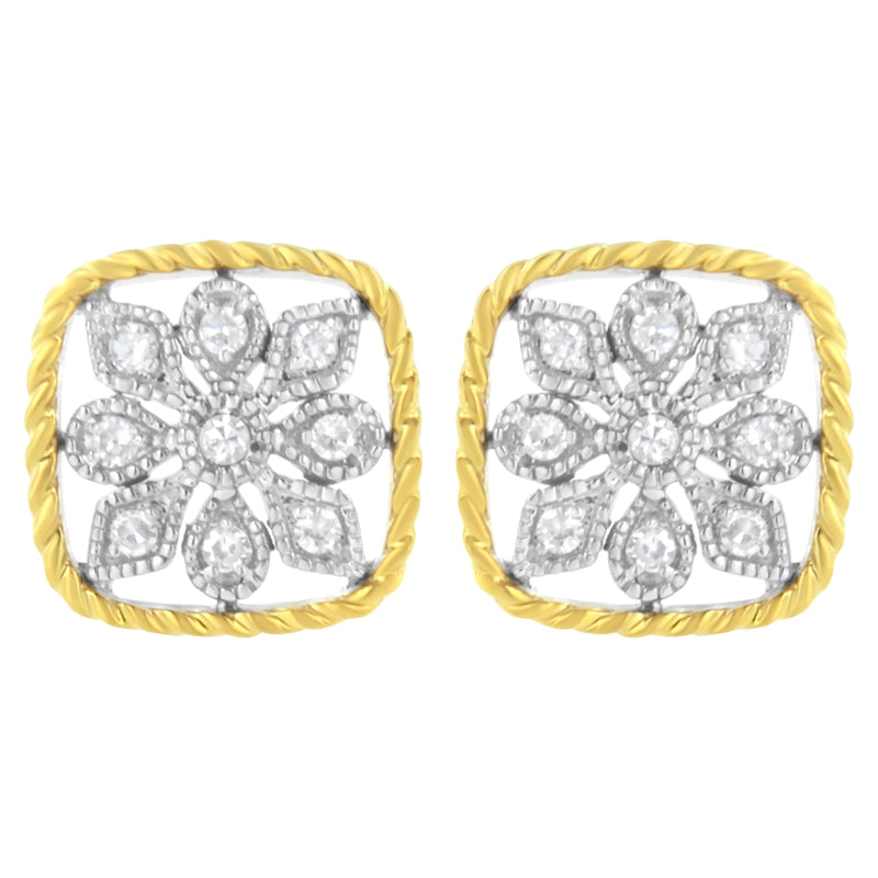 10K Yellow Gold Plated .925 Sterling Silver 1/4 cttw Diamond "Flower in a Box" Stud Earrings (I-J Color, I2-I3 Clarity)