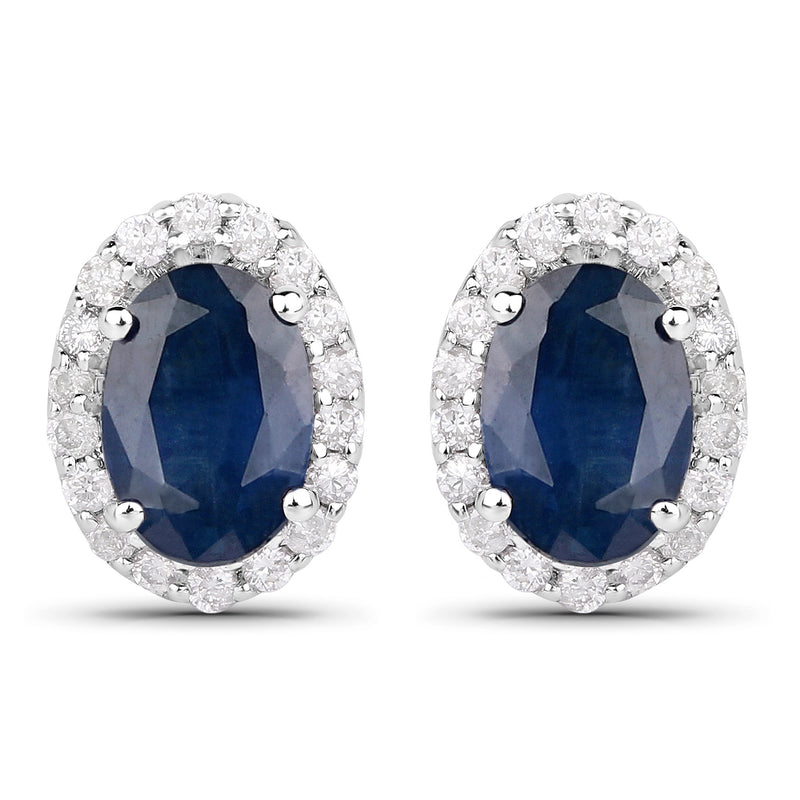 1.15 Carat Genuine Blue Sapphire and White Diamond 18K White Gold Earrings