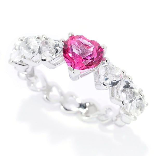 925 Sterling Silver Women Ring Pink and White Topaz Heart Shape