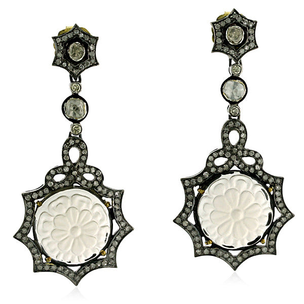18.9ct Carved Quartz Dangle Earrings 18k Gold 925 Silver Diamond Jewelry Gift