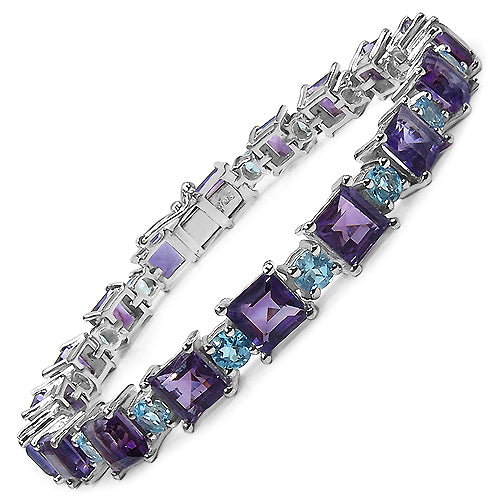 23.76 Carat Genuine Amethyst & Blue Topaz .925 Sterling Silver Bracelet