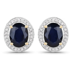 4.14 Carat Genuine Blue Sapphire and White Diamond 14K Yellow Gold Earrings