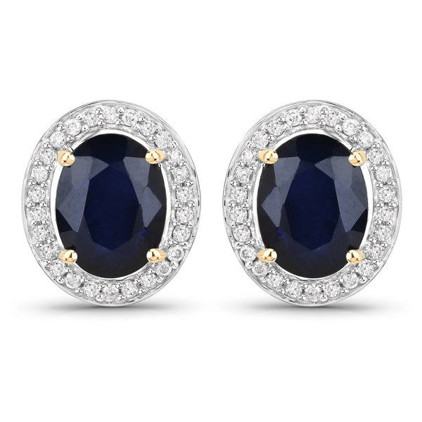 4.14 Carat Genuine Blue Sapphire and White Diamond 14K Yellow Gold Earrings