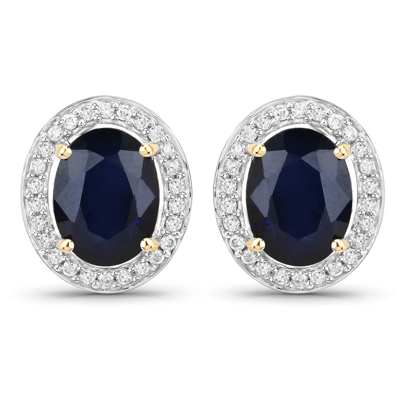 4.14 Carat Genuine Blue Sapphire and White Diamond 14K Yellow Gold Earrings