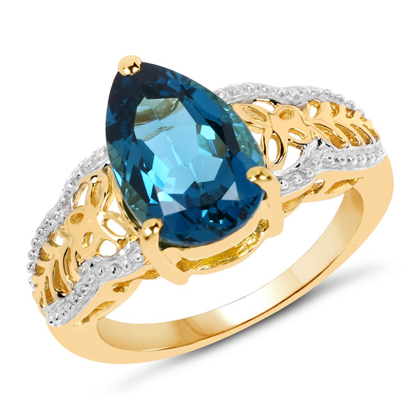 14K Yellow Gold Plated 3.50 Carat Genuine Blue Topaz .925 Sterling Silver Ring