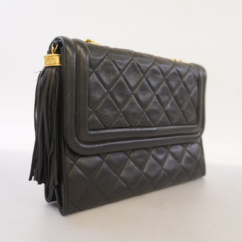 Auth Chanel Shoulder Bag Matrasse Fringe Chain Shoulder Lambskin Black Gold Metal