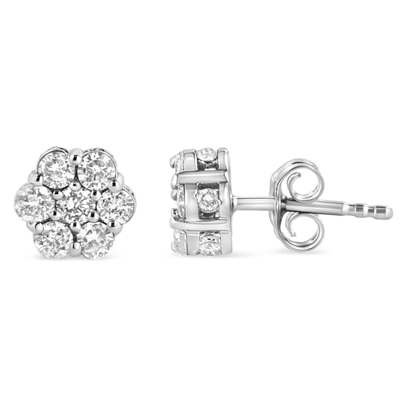 .925 Sterling Silver 1.0 Cttw Diamond Cluster 7 Stone Floral Stud Earring (I-J Color, I1-I2 Clarity)