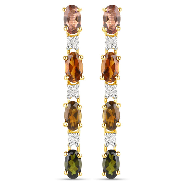 18K Yellow Gold Plated 1.92 Carat Genuine Multi Tourmaline and White Topaz .925 Sterling Silver Earrings