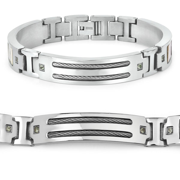 Titanium Men's Bracelet, Mens Titanium Bracelet with Silver Plated Steel Inlay, 0.48ctw. Natural Green Sapphire Rounds