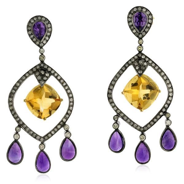 0.95ct Citrine Amethyst Pave Diamond Chandelier Earrings 18k Gold Silver Jewelry