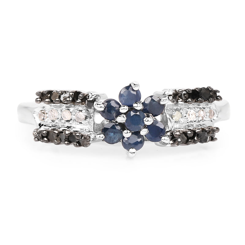 0.51 Carat Genuine Blue Sapphire, Black Diamond & White Diamond .925 Sterling Silver Ring