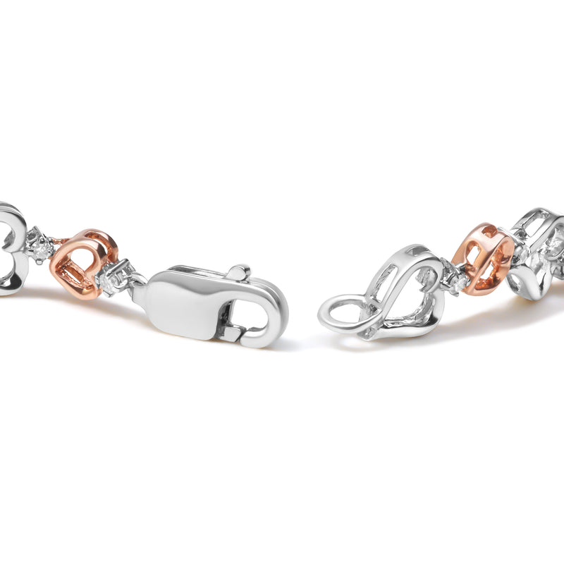 14K Rose Gold Plated .925 Sterling Silver 1/4 Cttw Diamond Heart Link Bracelet (I-J Color, I2-I3 Clarity) - Size 7" Inches