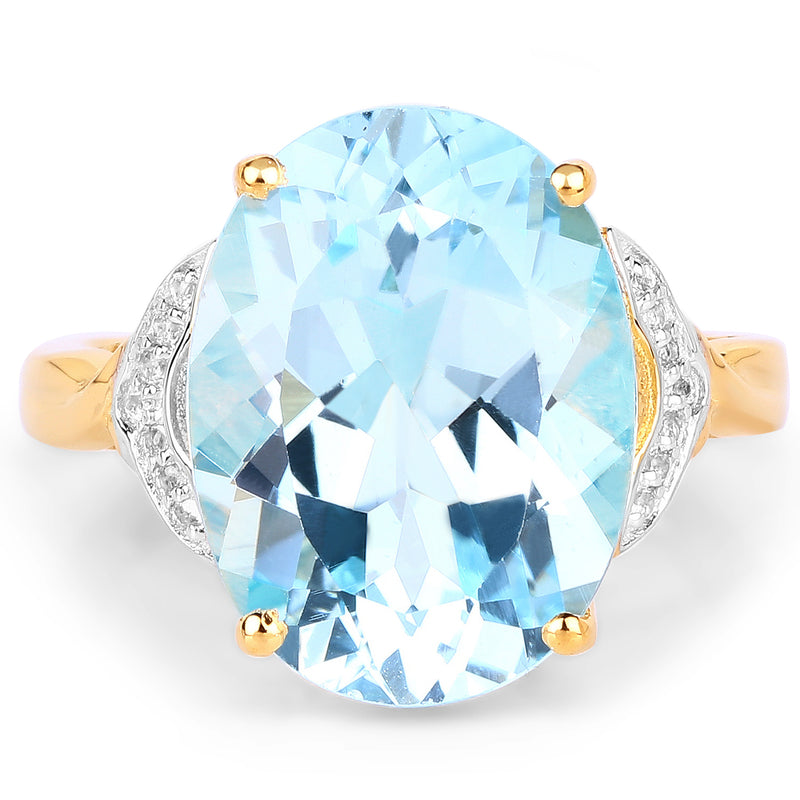 14K Yellow Gold Plated 11.32 Carat Genuine Blue Topaz and White Topaz .925 Sterling Silver Ring
