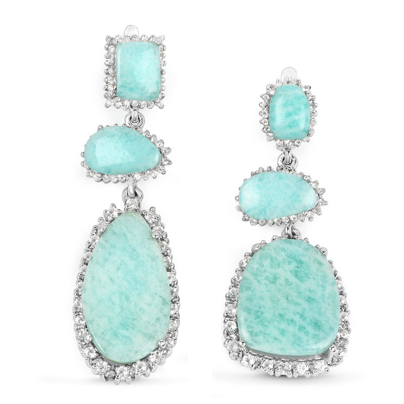 25.32 Carat Genuine Amazonite and White Topaz .925 Sterling Silver Earrings