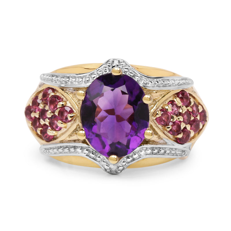 14K Yellow Gold Plated 3.01 Carat Genuine Amethyst & Rhodolite .925 Sterling Silver Ring