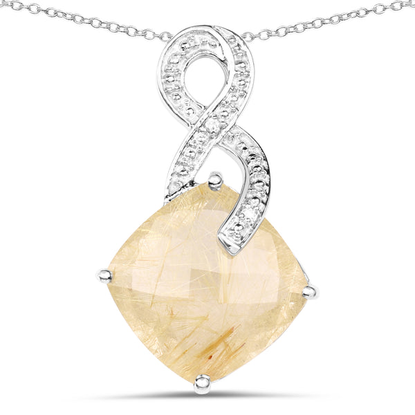 8.81 Carat Genuine Golden Rutile and White Diamond .925 Sterling Silver Pendant