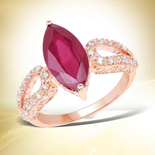 14K Rose Gold Plated 5.11 Carat Glass Filled Ruby and White Topaz .925 Sterling Silver Ring