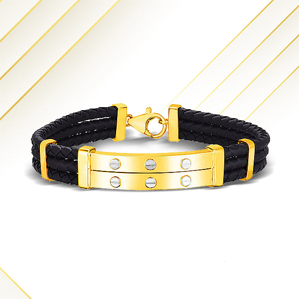 14k Yellow Gold and Rubber Mens Bracelet with Two Riveted Bars