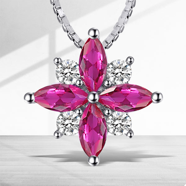 Sterling Silver Flowers Created Ruby Pendant Necklace for Woman