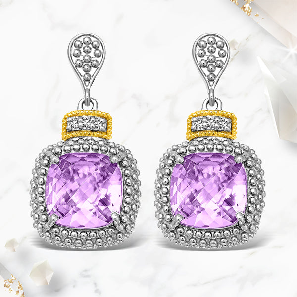 18k Yellow Gold & Sterling Silver Cushion Amethyst & Diamond Earrings (.05cttw)