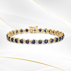 8.09 Carat Genuine Blue Sapphire and White Diamond 14K Yellow Gold Bracelet