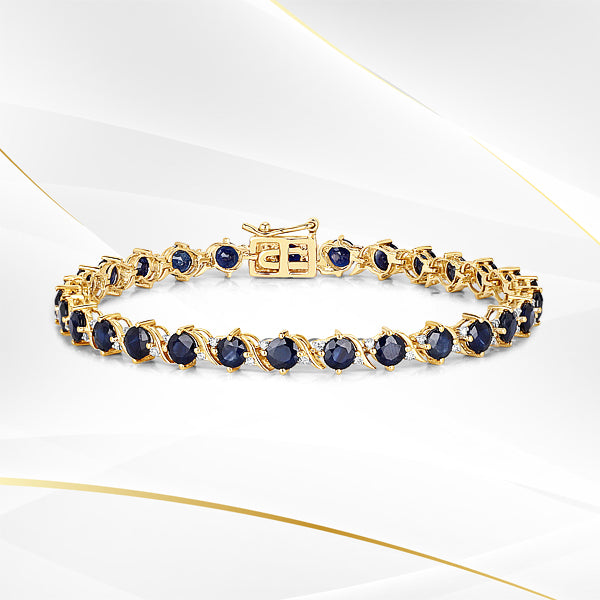 8.09 Carat Genuine Blue Sapphire and White Diamond 14K Yellow Gold Bracelet